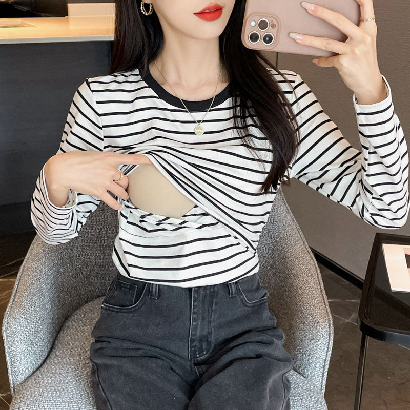 Striped Nursing Shirt Spring And Autumn Long Sleeve Nursing Clothes