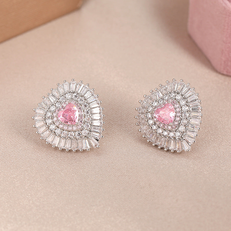Blush Heart Crystal Stud Earrings Silver Tone Brass Women Elegant Wedding Party Fashion Jewelry Sparkling