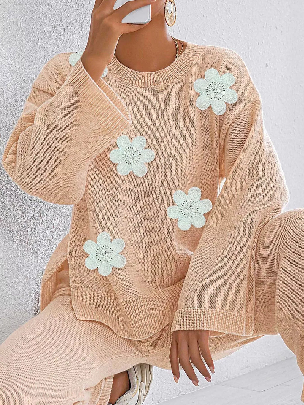 Floral Applique Crew Neck Sweater