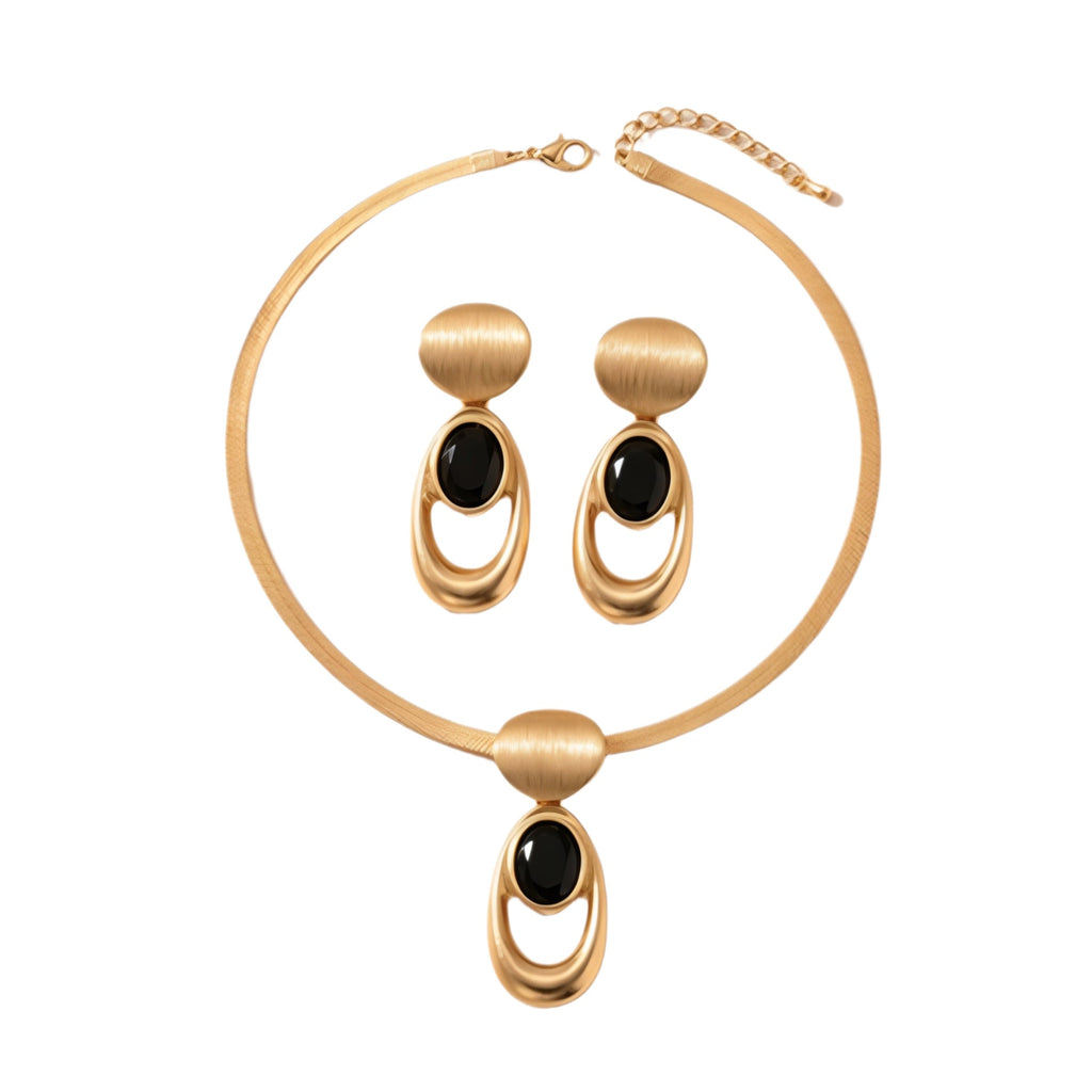 Vintage Brushed Gold Black Stone Necklace Earrings Set Women Jewelry Set For Banquet Party Evening Occasions