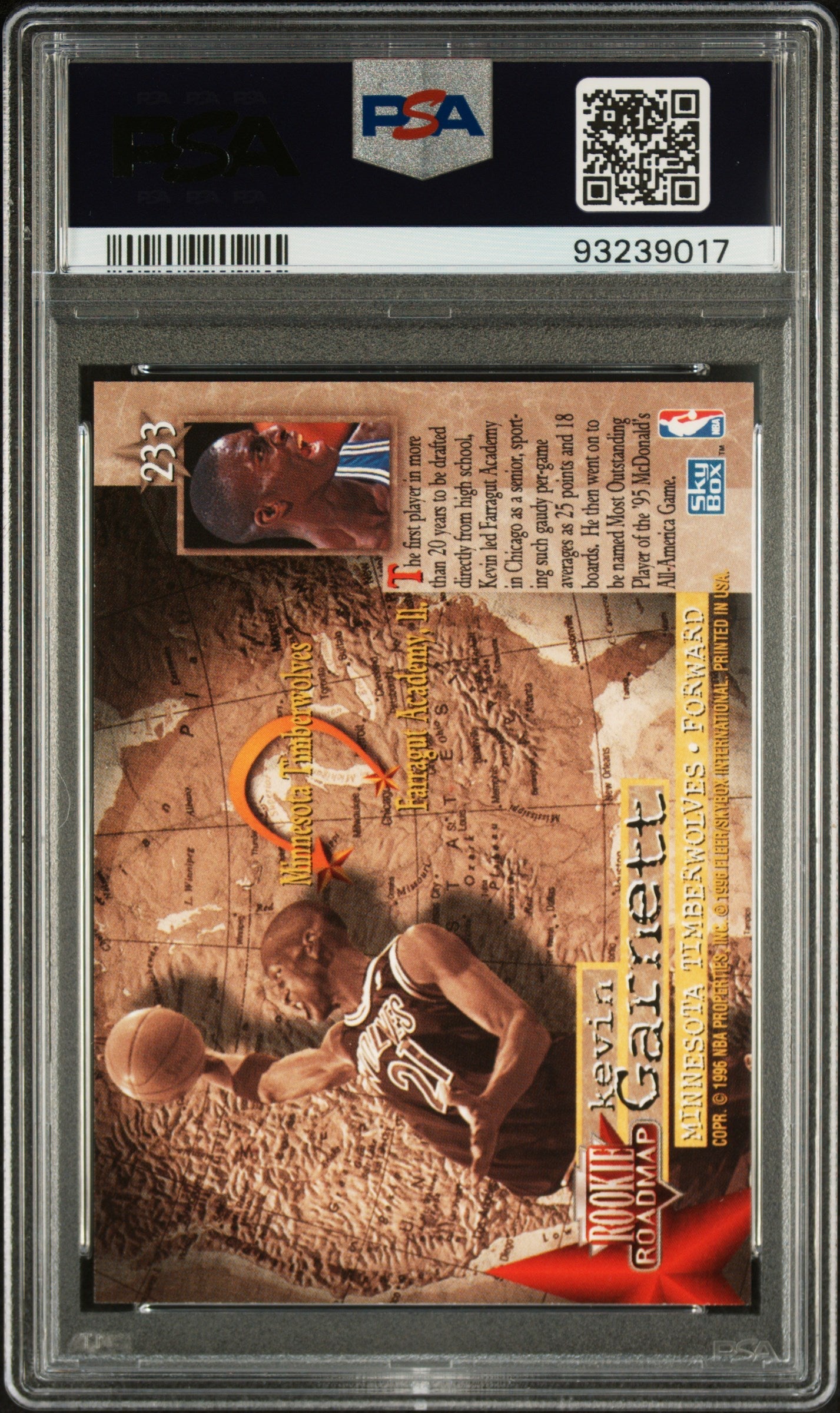 Graded 1995-96 Skybox Premium Kevin Garnett #233 Rookie RC Basketball Card PSA 10 Gem Mint