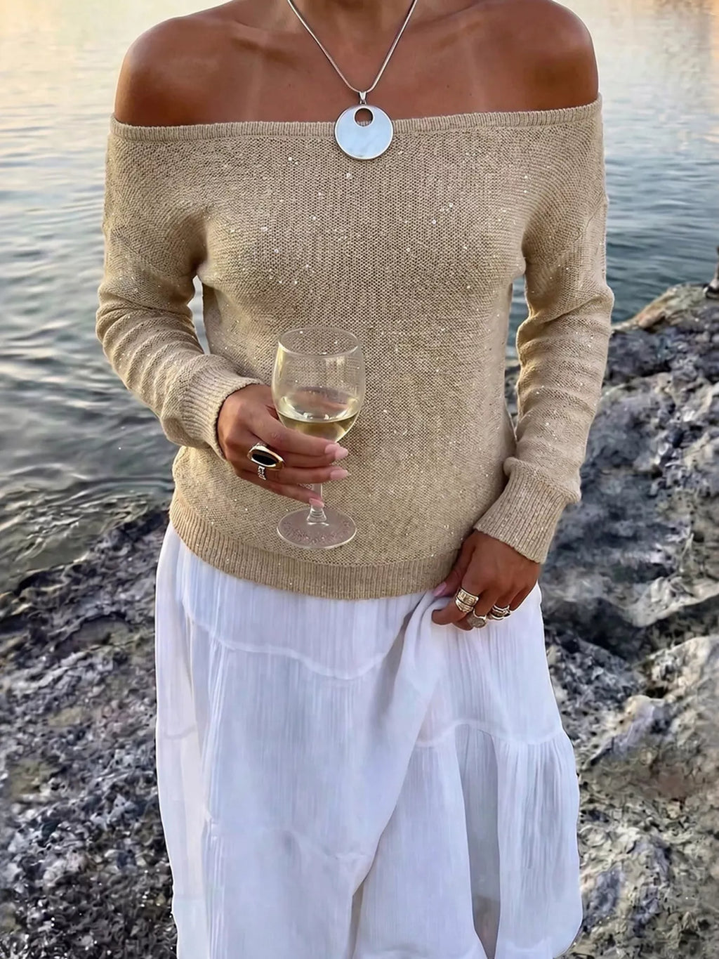 Sequin Off-Shoulder Sweater