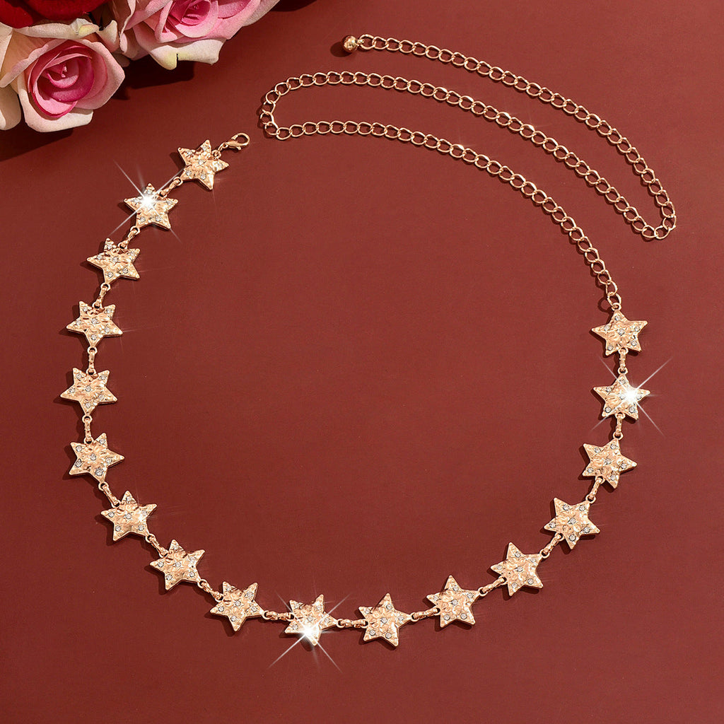 Women Full Paved CZ Star Metal Waist Chain, Adjustable Y2K Belly Body Belt