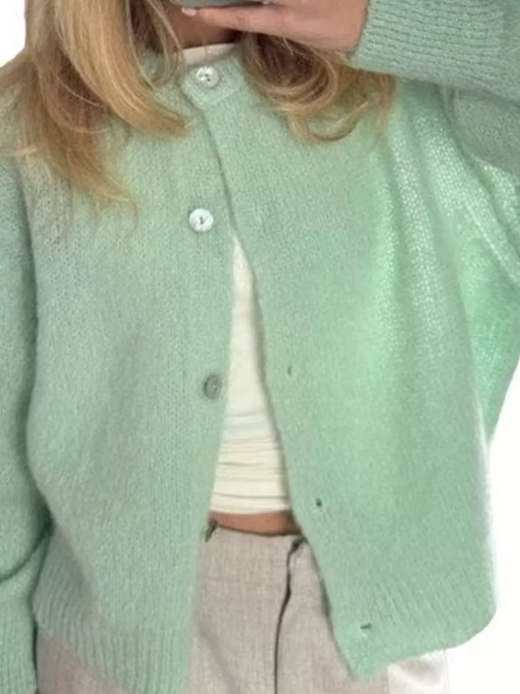 Button Up Long Sleeve Cardigan – Off-White / Pink