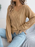 V-Neck Distressed Hem Cable Knit Sweater