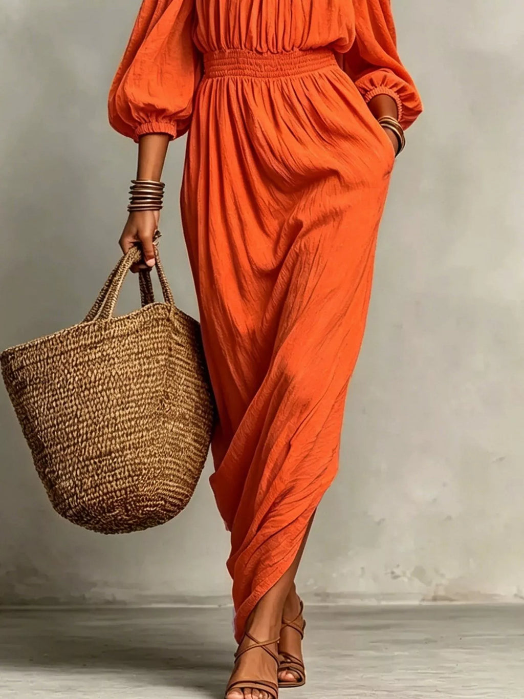 t Off-Shoulder Smocked Waist Maxi Dress