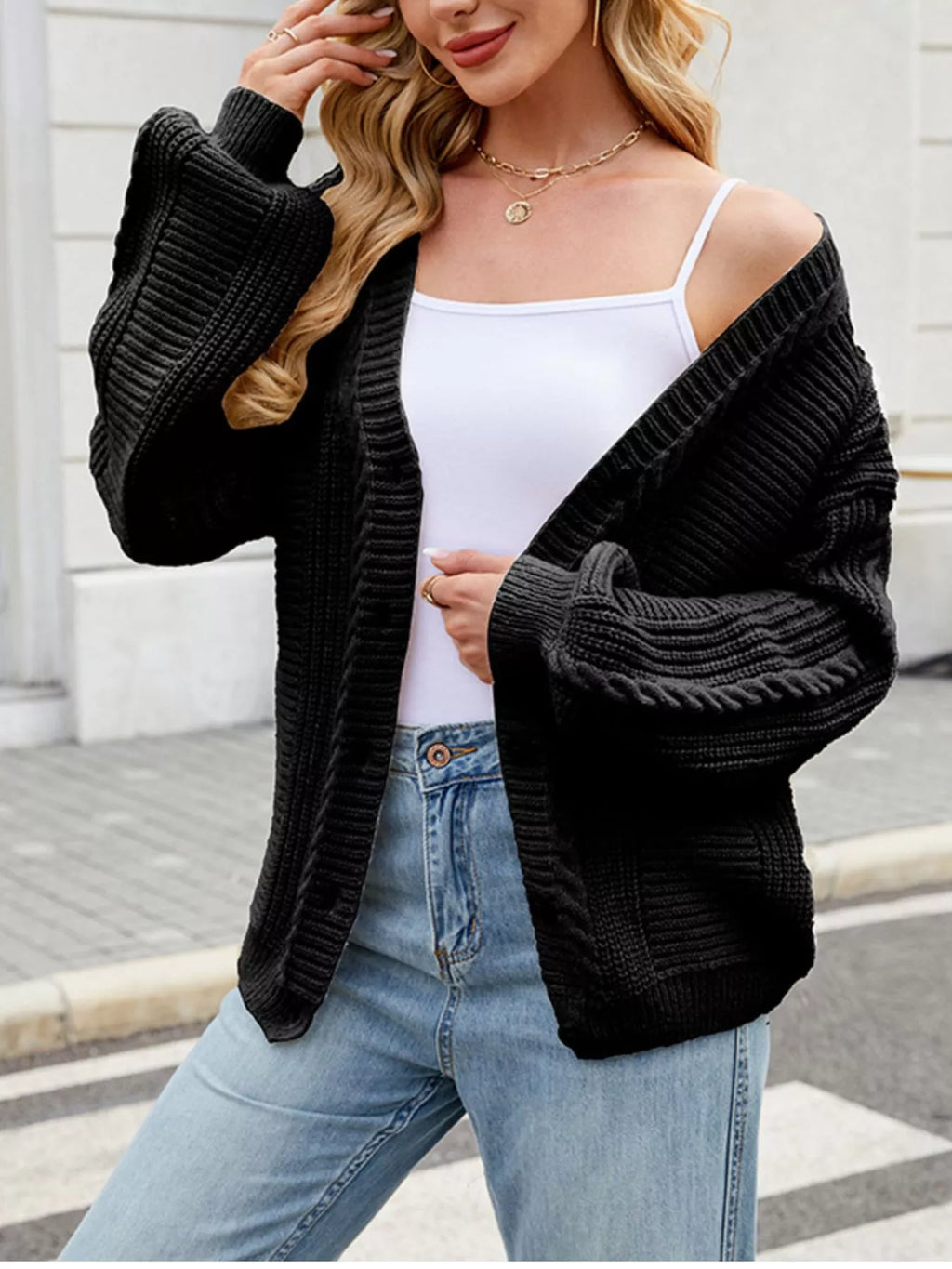 Cable Knit Button-Up Cardigan – Off-White / Black