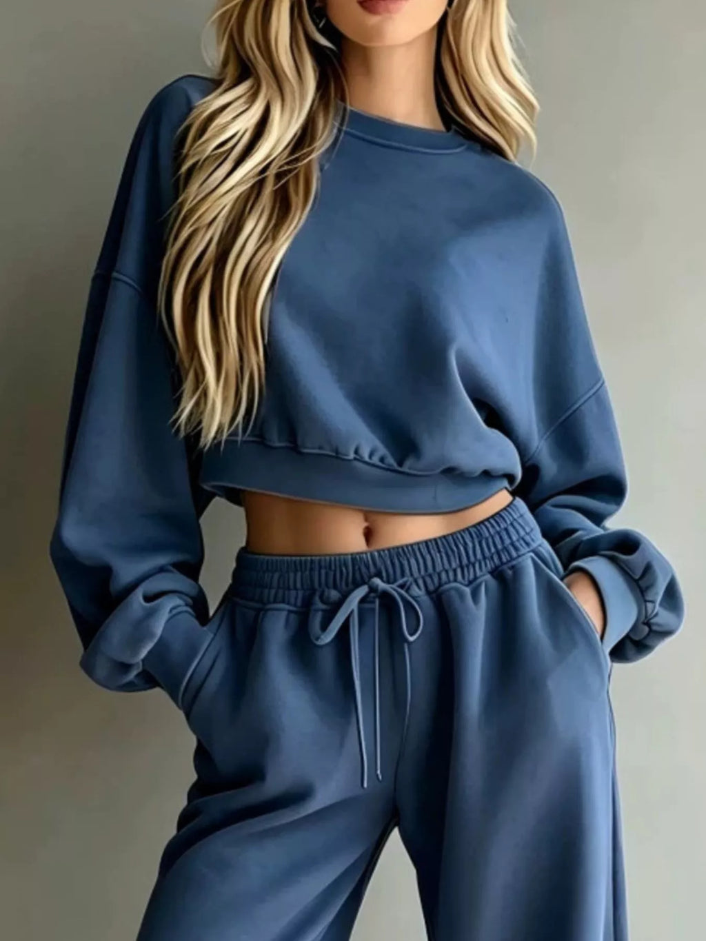 Round Neck Cropped Sweatshirt and Wide-Leg Pants