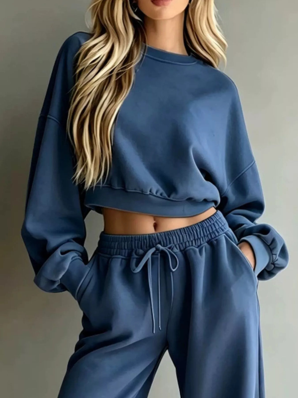 Round Neck Cropped Sweatshirt and Wide-Leg Pants