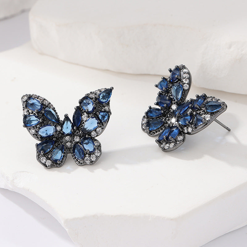 Colorful Butterfly Crystal Stud Earrings Brass Women Blue Rose Green Wedding Party Elegant Fashion Jewelry
