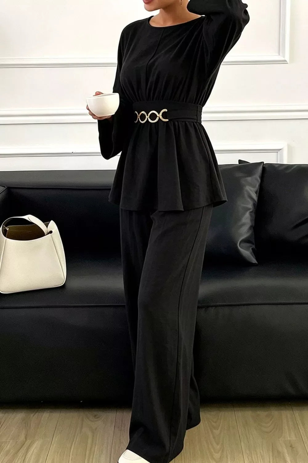Metal Chain Waist Detail Top and Pants Set