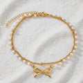 Women Double Layer Anklet Gold Tone Bow Knot Artificial Pearl Beaded Ankle Bracelet Adjustable Stainless Steel Dainty Summer Beach Foot Jewelry Gift For Ladies
