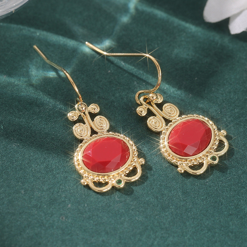 Vintage Oval Stone Drop Earrings Gold Tone Brass Women Red Green Boho Party Fashion Jewelry