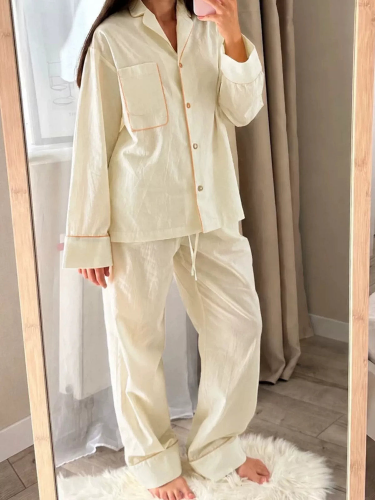 Contrast Trim Button-Down Top and Pants Lounge Set