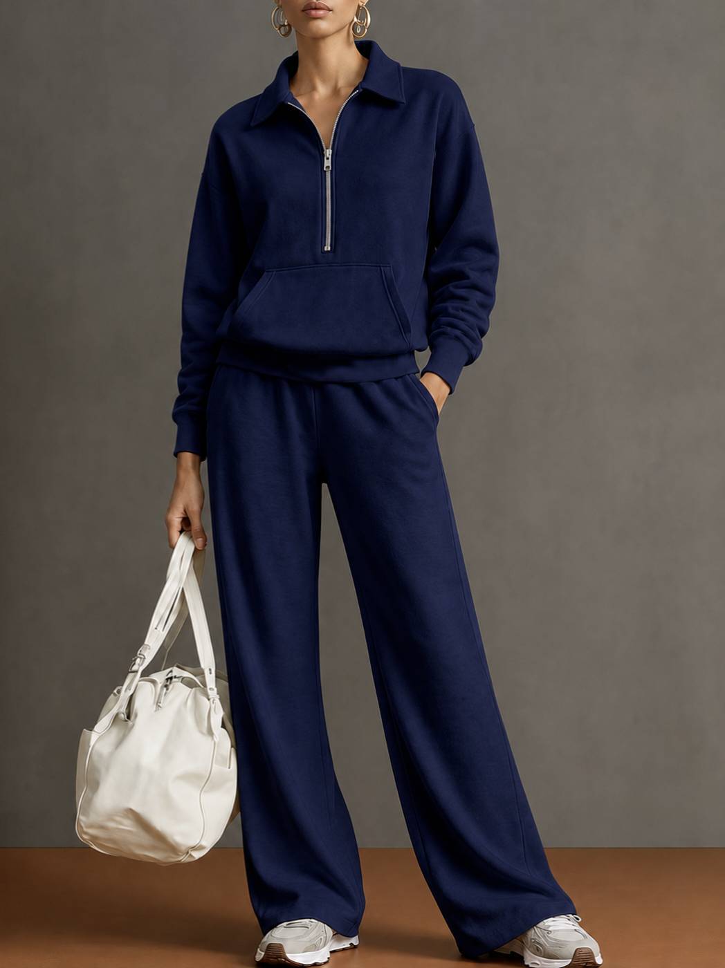 Autumn And Winter New Cross-Border European And American Women's Clothing Lapel Half-Zip Sweatshirt Loose Casual Wide-Leg Pants Two-Piece Set For Women