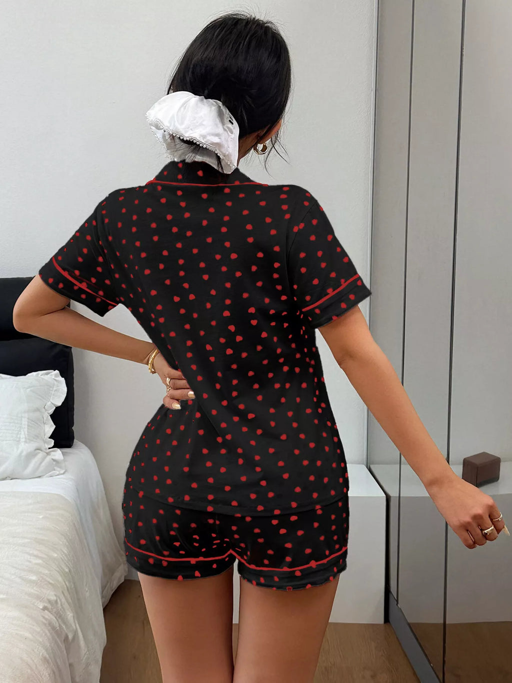 Heart Print Button-Down Short Sleeve Top and Shorts Lounge Set