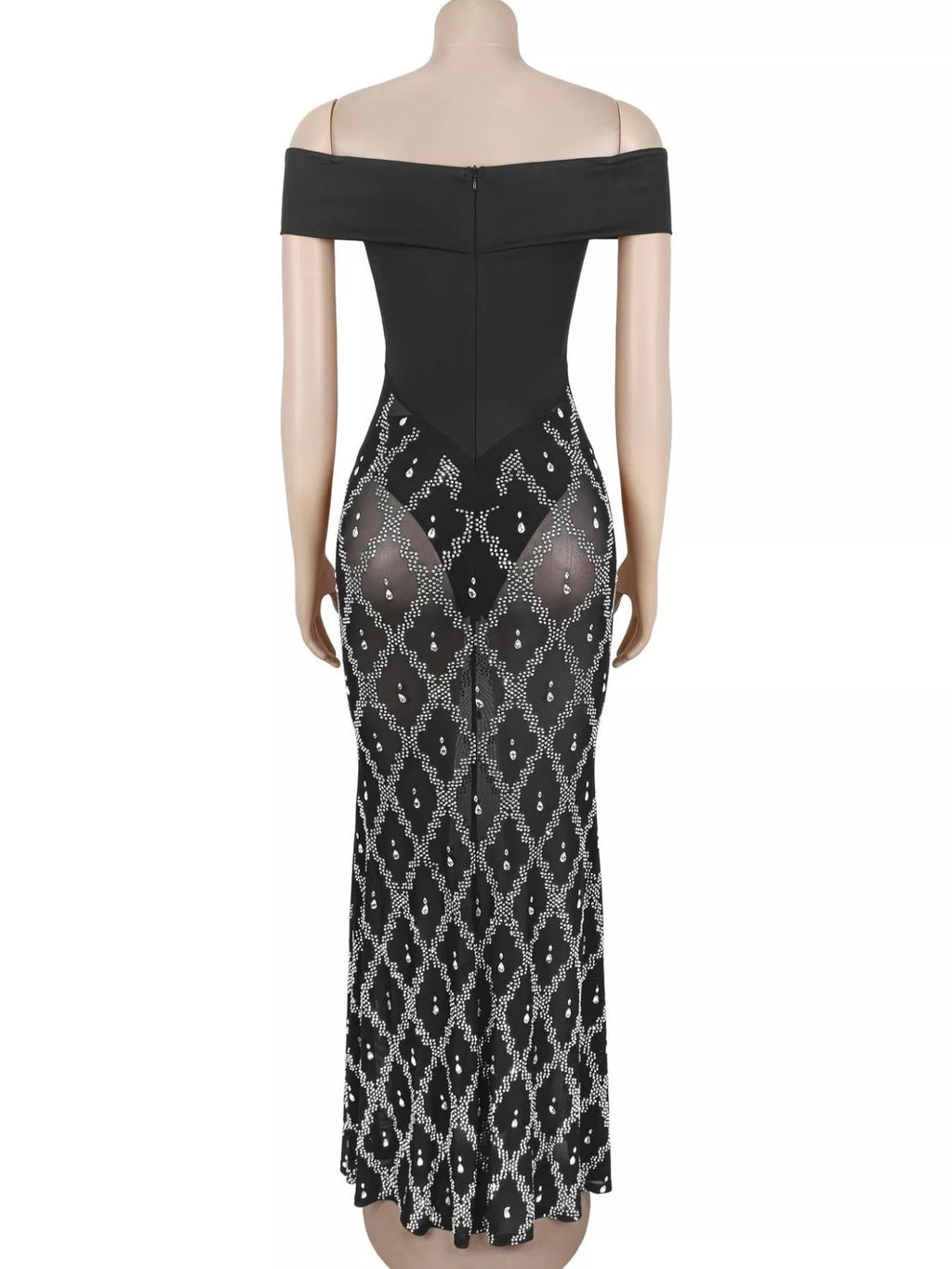 Off-Shoulder Sheer Rhinestone Embellished Maxi Dress