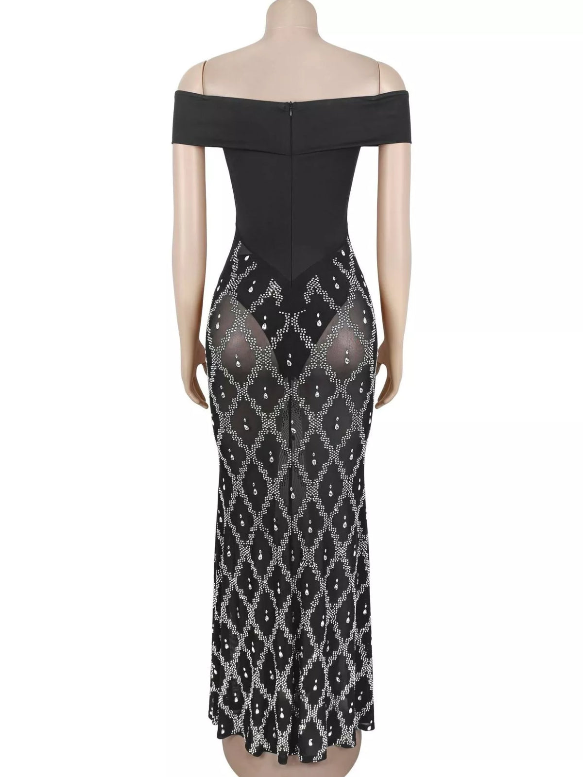 Off-Shoulder Sheer Rhinestone Embellished Maxi Dress
