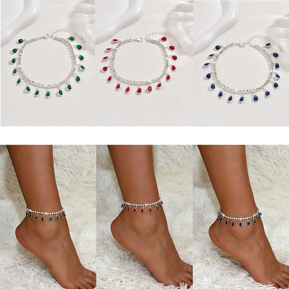 Light Luxury And High-End Zircon Water Drop Tassel Anklet, Fashionable, Sweet And Versatile Crystal Anklet, Beach Vacation Style Accessory