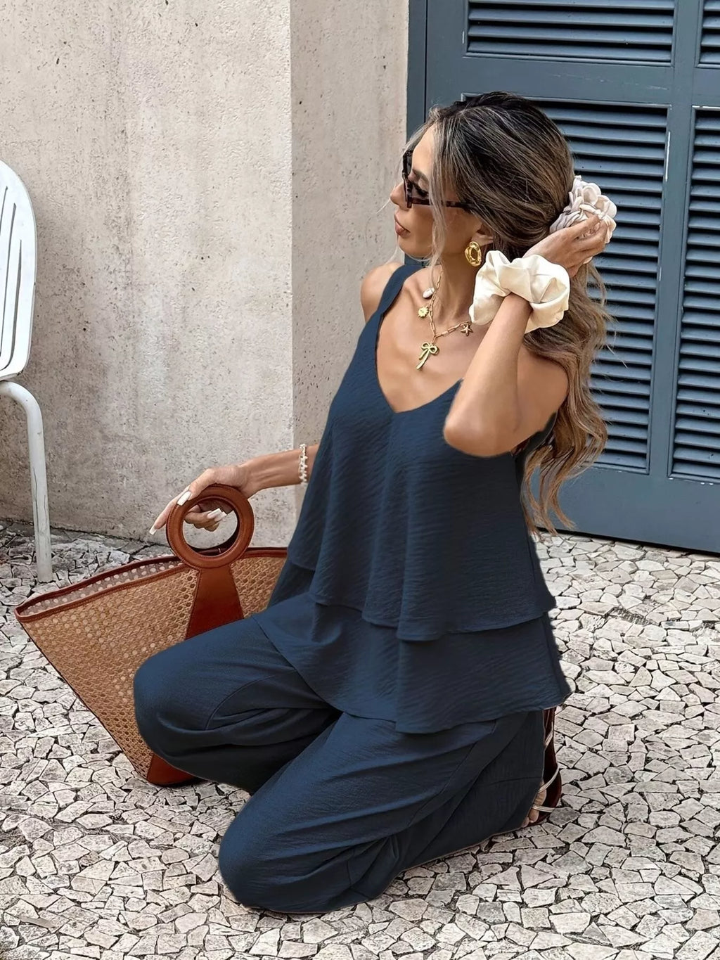 V-Neck Top and Wide-Leg Pants Set – Apricot / Navy Blue