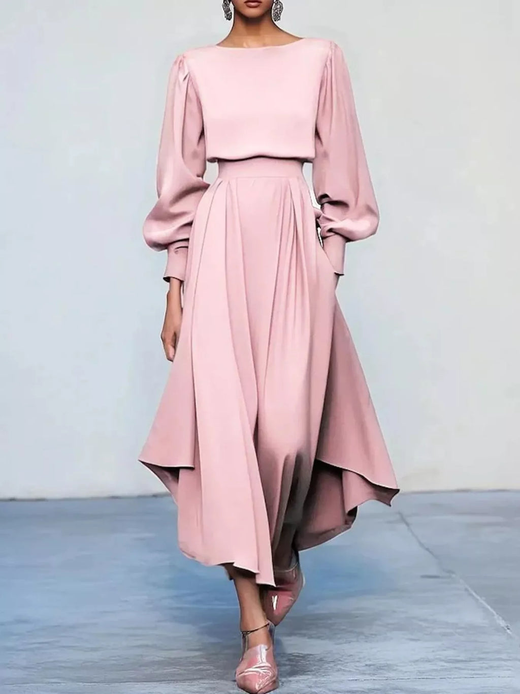 Pleated Lantern Sleeve Midi Dress