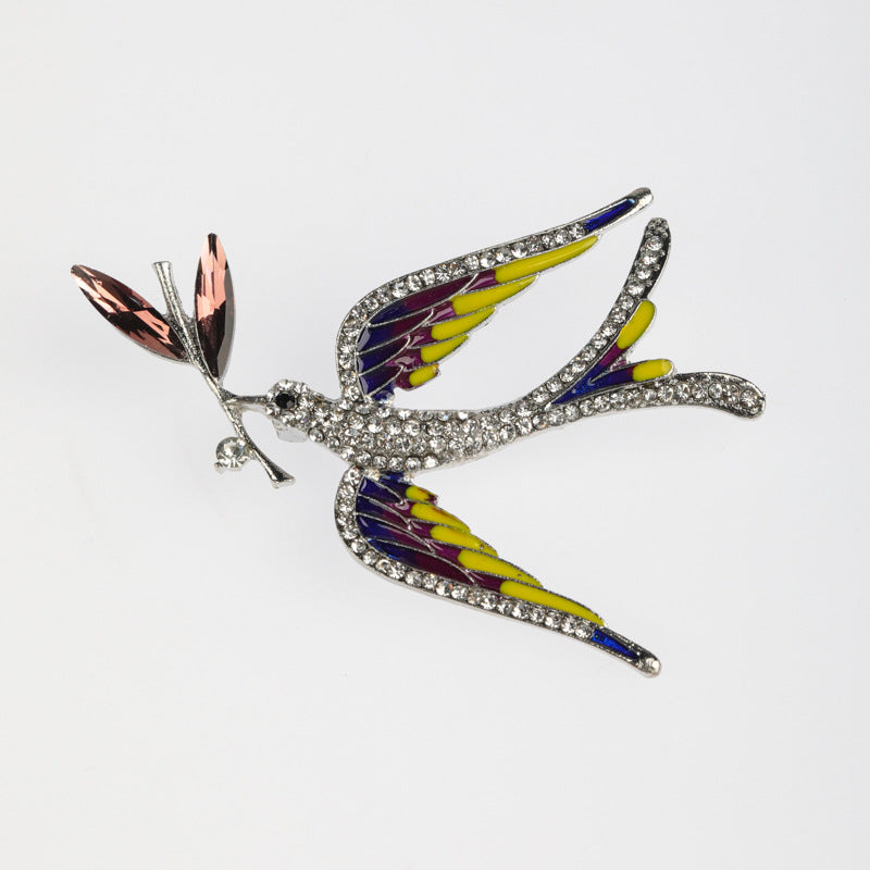 Enamel Oil-drop Swallow Holding A Branch Brooch
