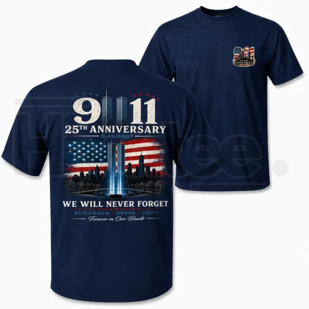 9/11 25th Anniversary Memorial T-Shirt – Patriotic Twin Towers Flag Two-Sided Graphic Tee
