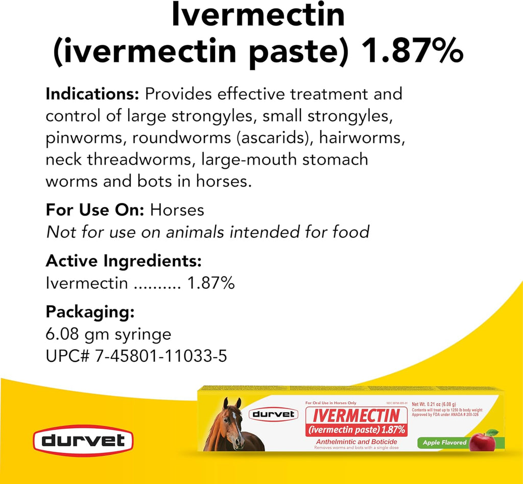 Durvet Ivermectin Horse Wormer Apple Flavor Broad Spectrum Equine Dewormer 12PCK