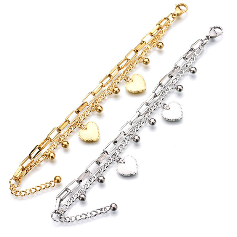 Stainless Steel Mixed Chain Heart Charm Bracelet For Women