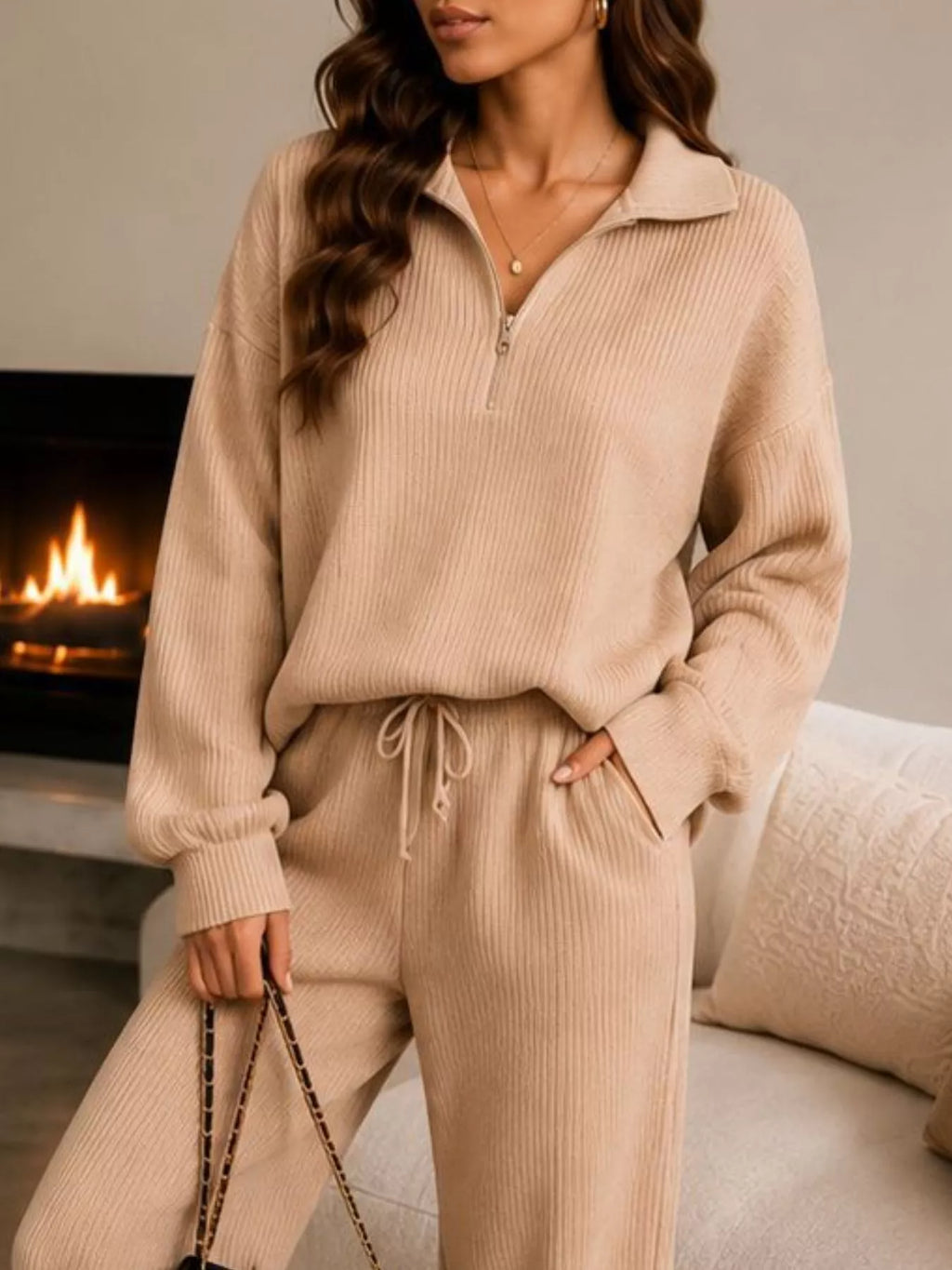 Ribbed Knit Quarter-Zip Top and Wide-Leg Pants Set