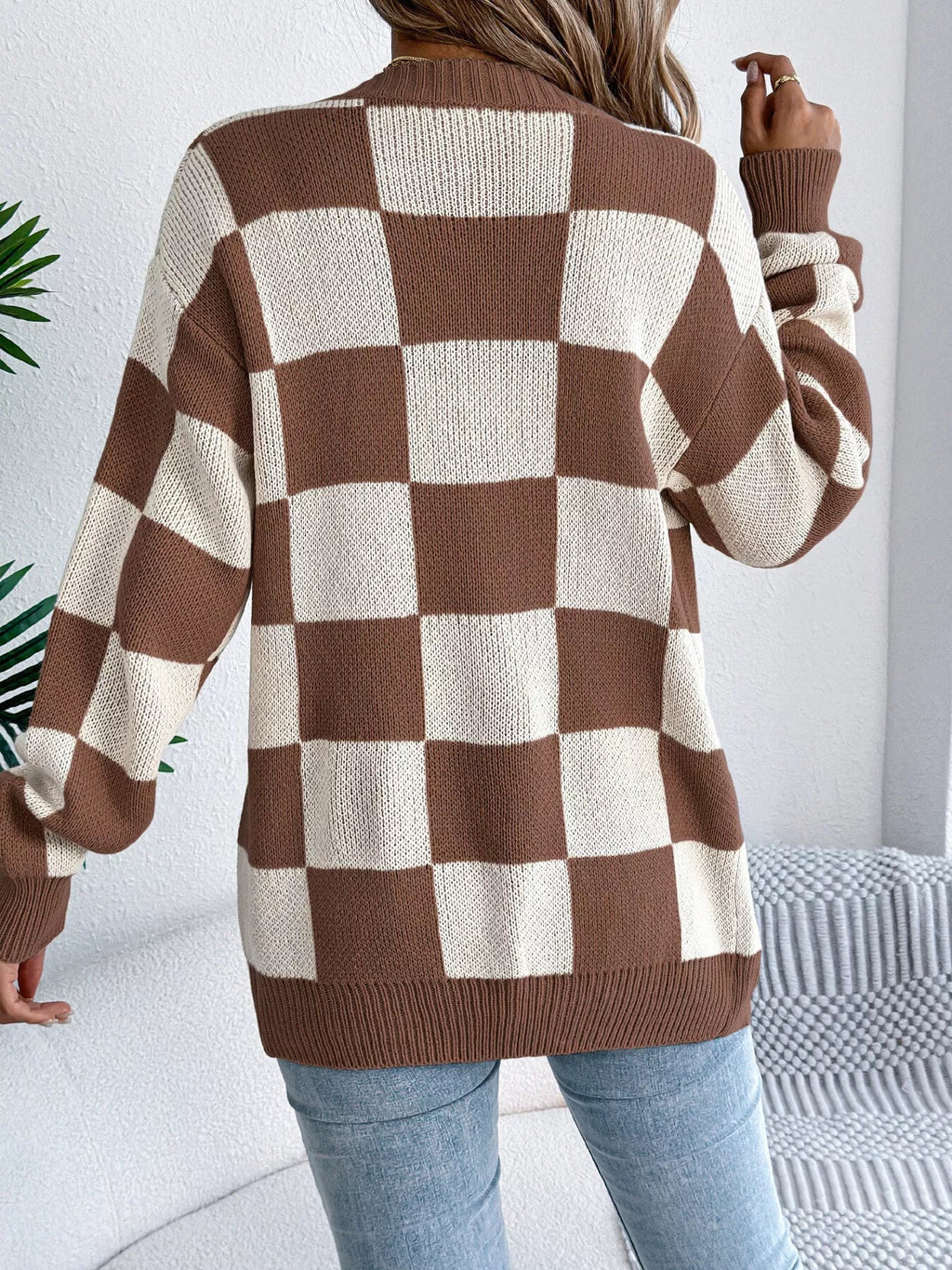 Checkerboard Pattern Open Front Knit Cardigan