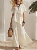 Casual Asymmetrical Short-sleeve Top And Slit Wide-leg Pants Set