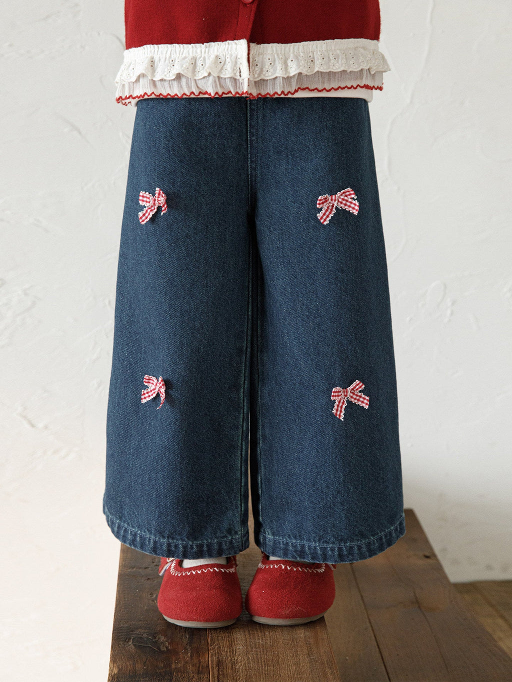Bow-Embroidered Denim Wide-Leg Jeans For Girls