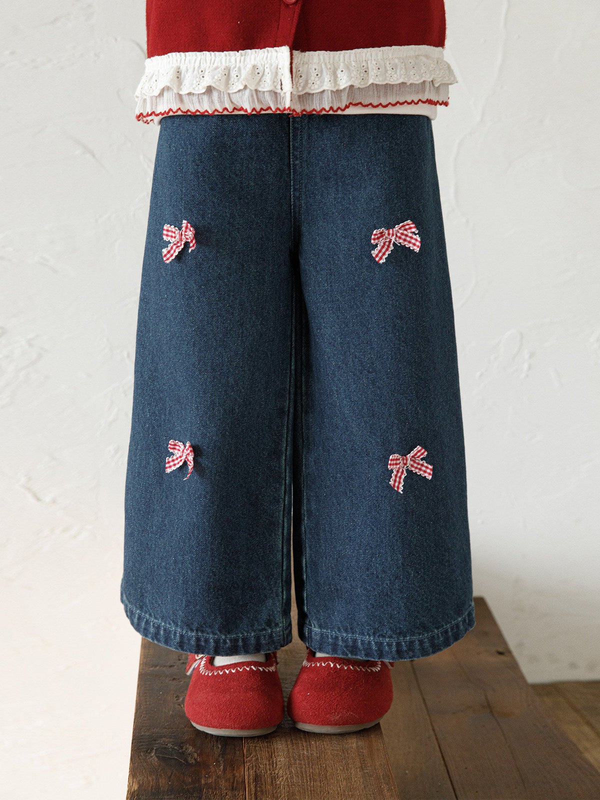 Bow-Embroidered Denim Wide-Leg Jeans For Girls