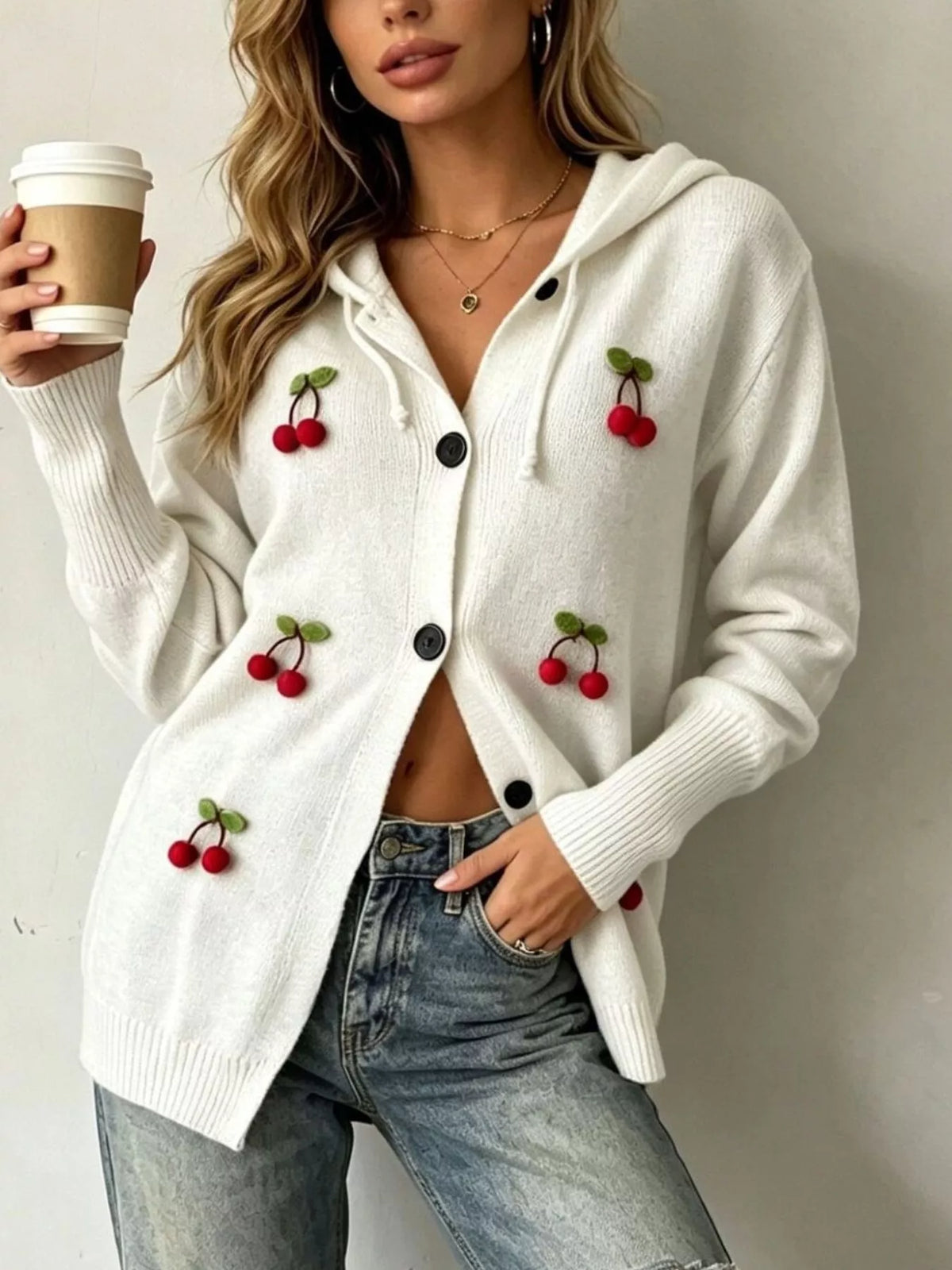 Full Size 3D Cherry Applique Hooded Cardigan Plus Size