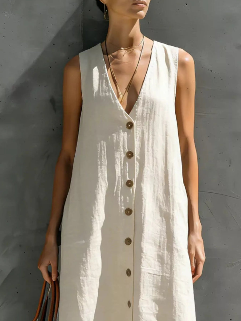 Full Size Sleeveless V-Neck Button-Down Linen Maxi Dress Plus Size