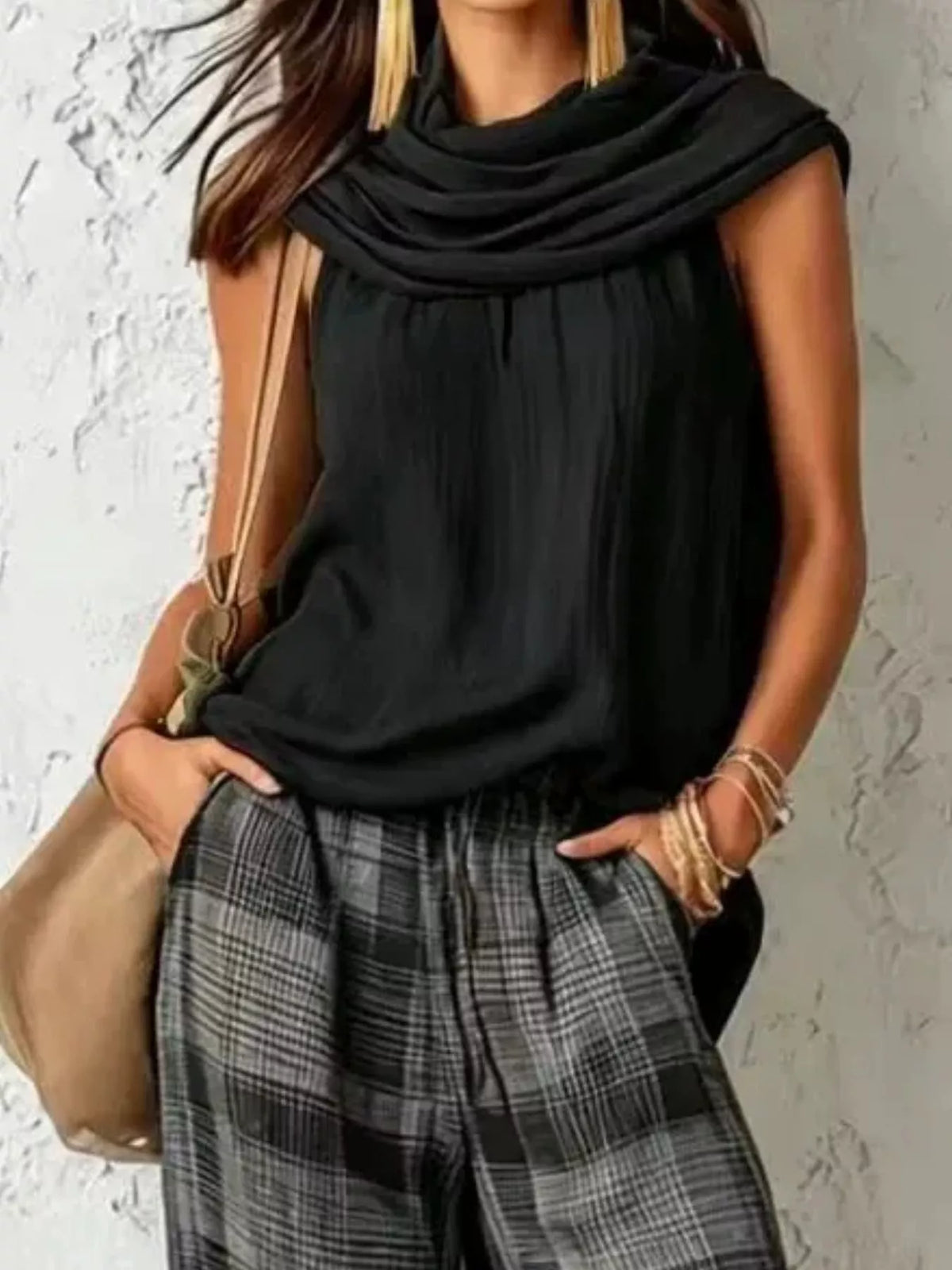 Full Size Sleeveless Cowl Neck Top and Plaid Wide-Leg Pant Two-Piece Set Plus Size