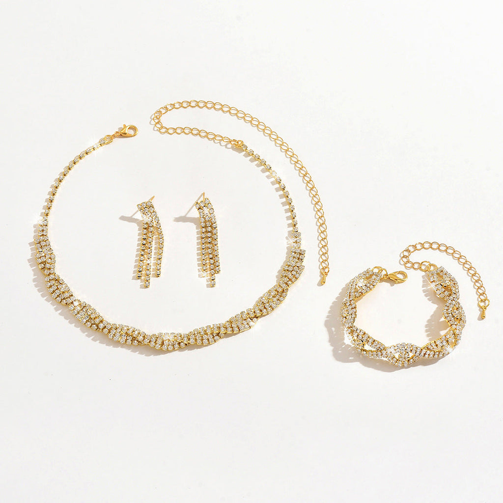 Cross-border Best-selling Rhinestone Twisted Necklace, Earrings, And Bracelet Set, Fashionable, Light Luxury, High-end Bridal Party Jewelry