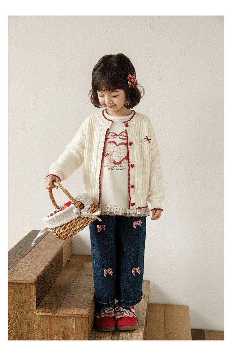 Bow-Embroidered Denim Wide-Leg Jeans For Girls