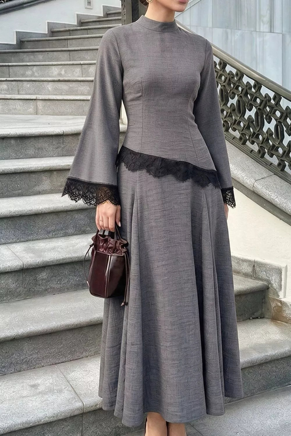 Lace Detail Mock Neck Top and Skirt Set