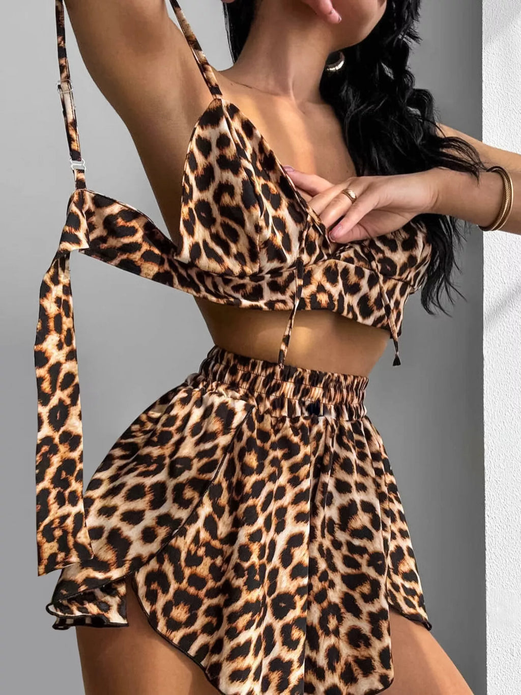 Leopard Cami & Cardigan and Shorts Three-Piece Lounge Set