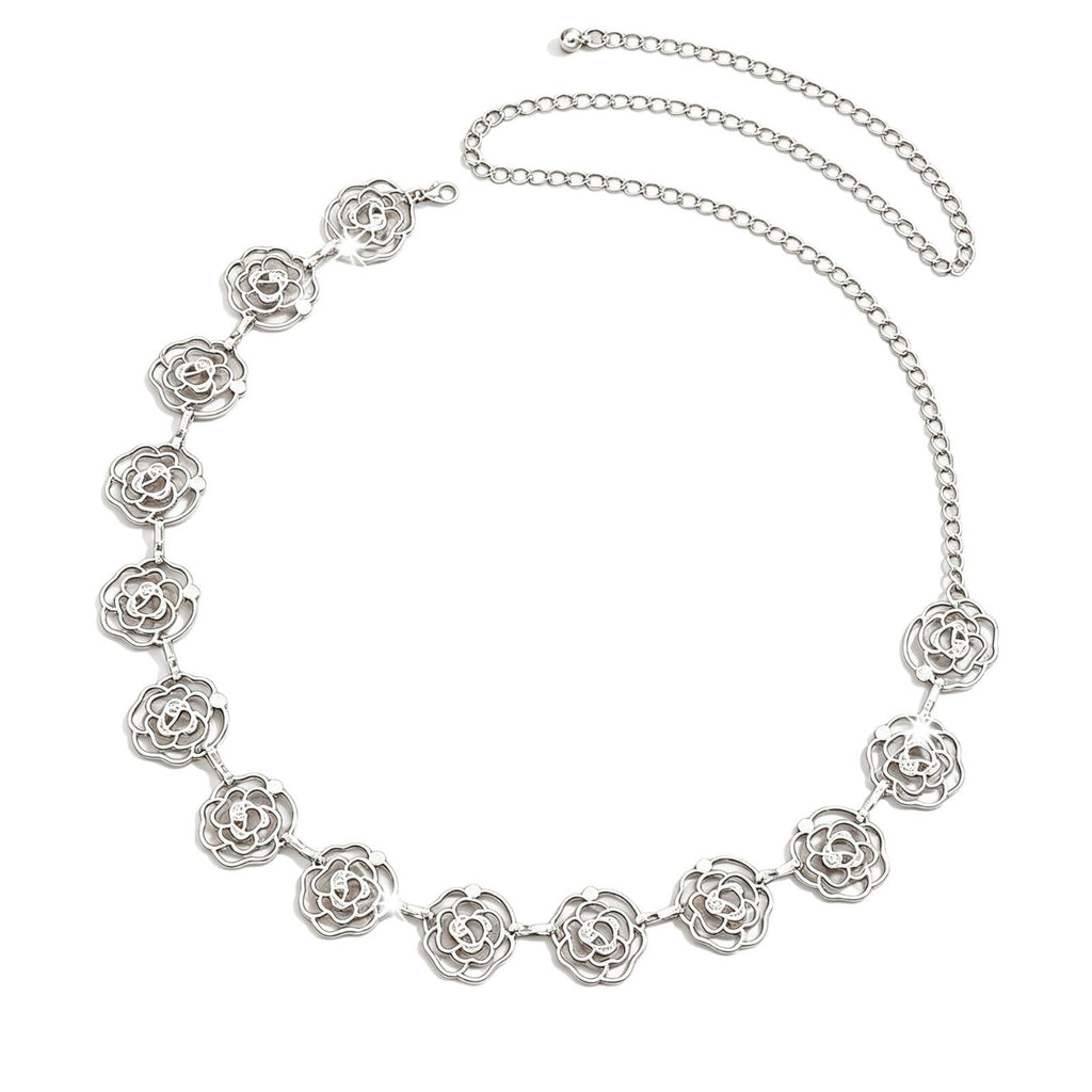 Women Hollow Rose Flower Metal Waist Chain, Adjustable Floral Belly Body Belt