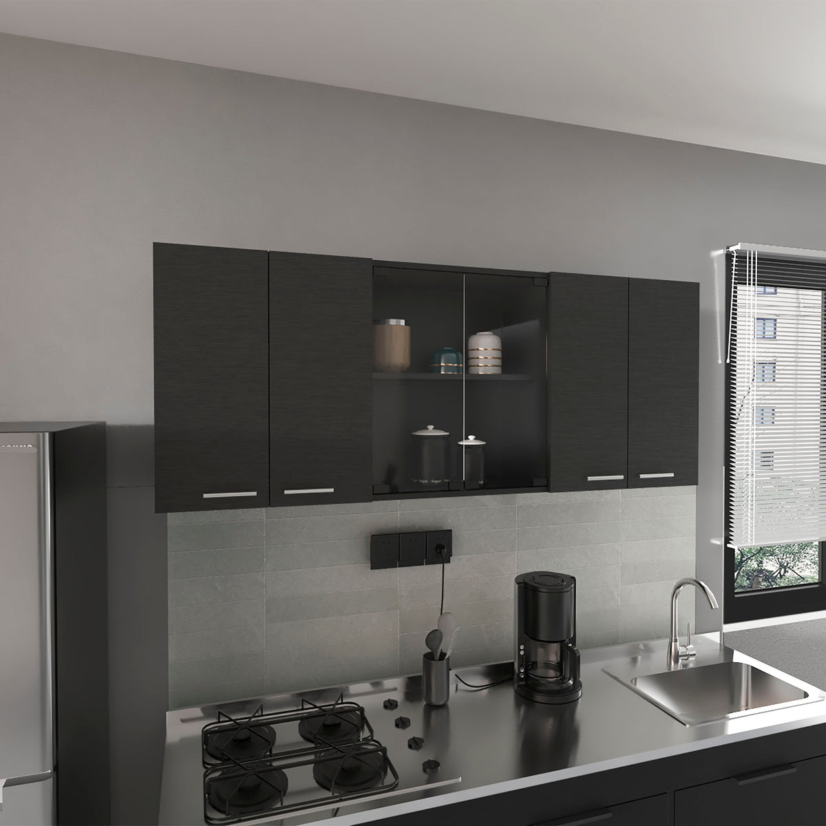 59-Inch Two Center Glass Doors Wall Cabinet Wenge