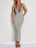 Striped Halter Neck Maxi Dress – White
