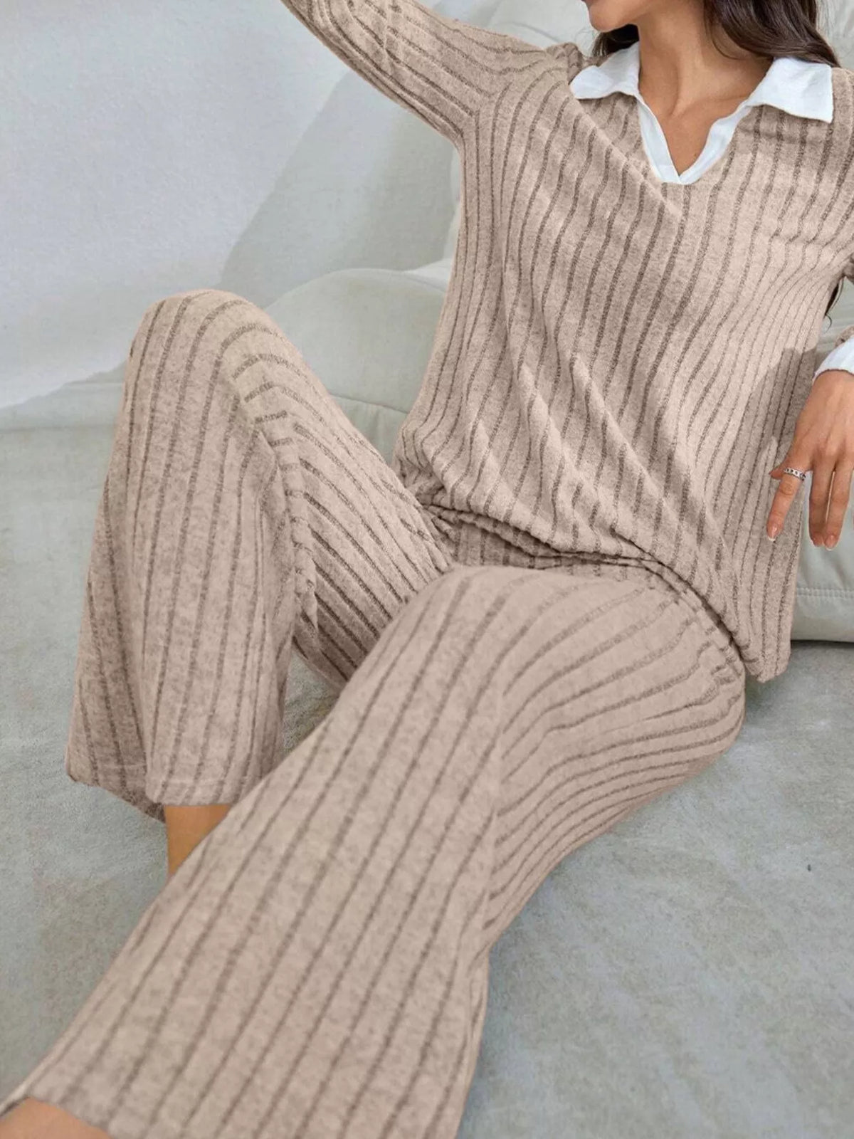 Ribbed Knit Polo Collar Top and Pants Lounge Set