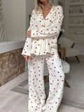 Heart Print Button Up Top and Pants Lounge Set – Apricot / Pink