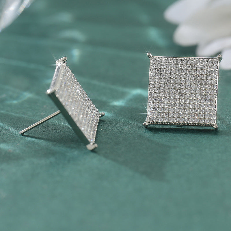 Sparkling Square Crystal Stud Earrings Silver Tone Brass Women Elegant Party Wedding Fashion Jewelry Versatile