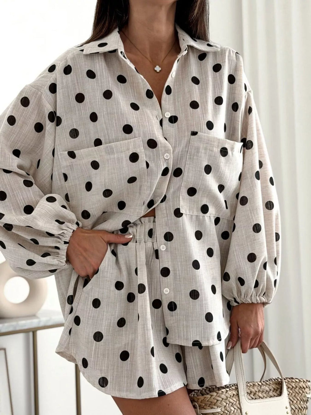 Long Sleeve Shirt and High-Waisted Shorts Set