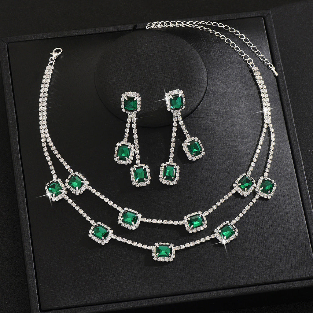 Amazon Hot Selling Square Double-layer Necklace Tassel Earrings Light Luxury Wedding Two-piece Set Multi-color One-piece Hair