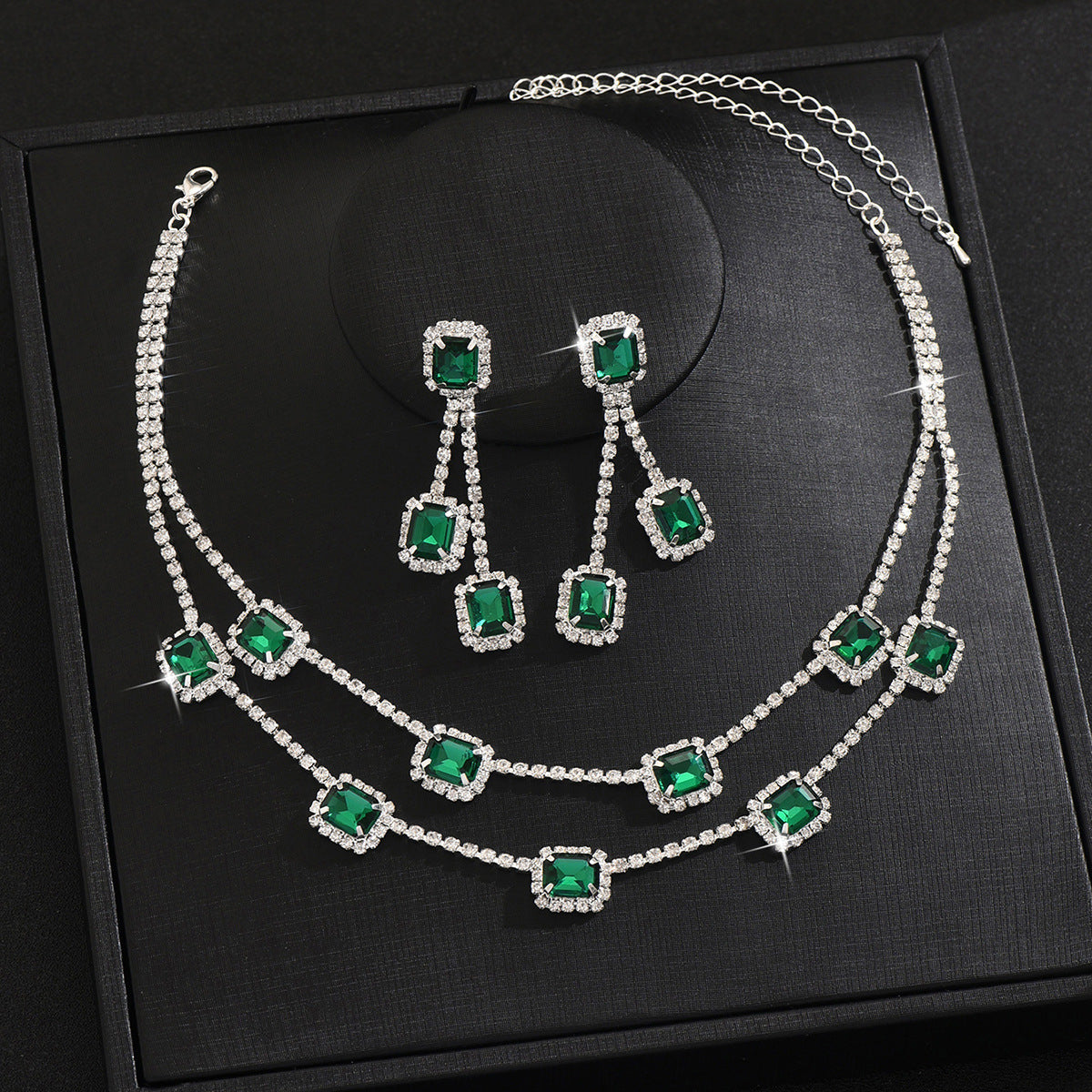 Amazon Hot Selling Square Double-layer Necklace Tassel Earrings Light Luxury Wedding Two-piece Set Multi-color One-piece Hair